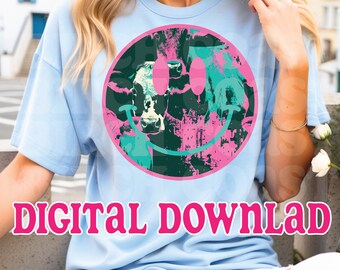 Smiley PNG Kuh Druck Smiley Gesicht png Pop Art Design-Ideen Sublimation Transfers Trendy Sommer png Girly Helle Hemden Retro Glückliches Gesicht