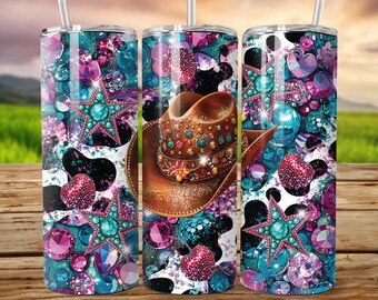Cowgirl Tumbler Wrap, Bedazzled 20oz Skinny Tumbler Sublimation Design PNG, Cow Print Country Girl Western Tumbler Wrap, Ciliegie