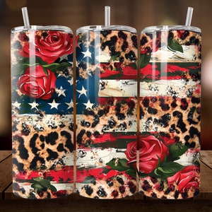 Leopard American Flag 20 oz Skinny Tumbler Sublimation Design, Patriotic Tumbler Template, USA Flag Tumbler Design, Roses, Png Download