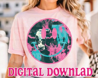 Smiley PNG Kuh Druck Smiley Gesicht png Pop Art Design-Ideen Sublimation Transfers Trendy Sommer png Girly Helle Hemden Retro Glückliches Gesicht