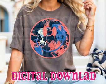 Smiley PNG Kuh Druck Smiley Gesicht png Pop Art Design-Ideen Sublimation Transfers Trendy Sommer png Girly Helle Hemden Retro Glückliches Gesicht