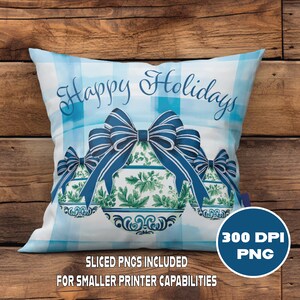 May include: Blue and green Christmas bauble cushion with a blue bow and the text "Happy Holidays" on a blue and white gingham background.