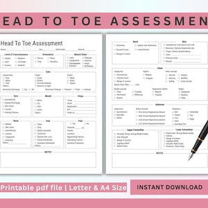 Op de afbeelding: Een printbaar hoofd-tot-teen-beoordelingsformulier met secties voor vitale functies, mentale toestand, huid, nek, borst, buik en bovenste en onderste ledematen. Het formulier bevat selectievakjes voor verschillende symptomen en aandoeningen.