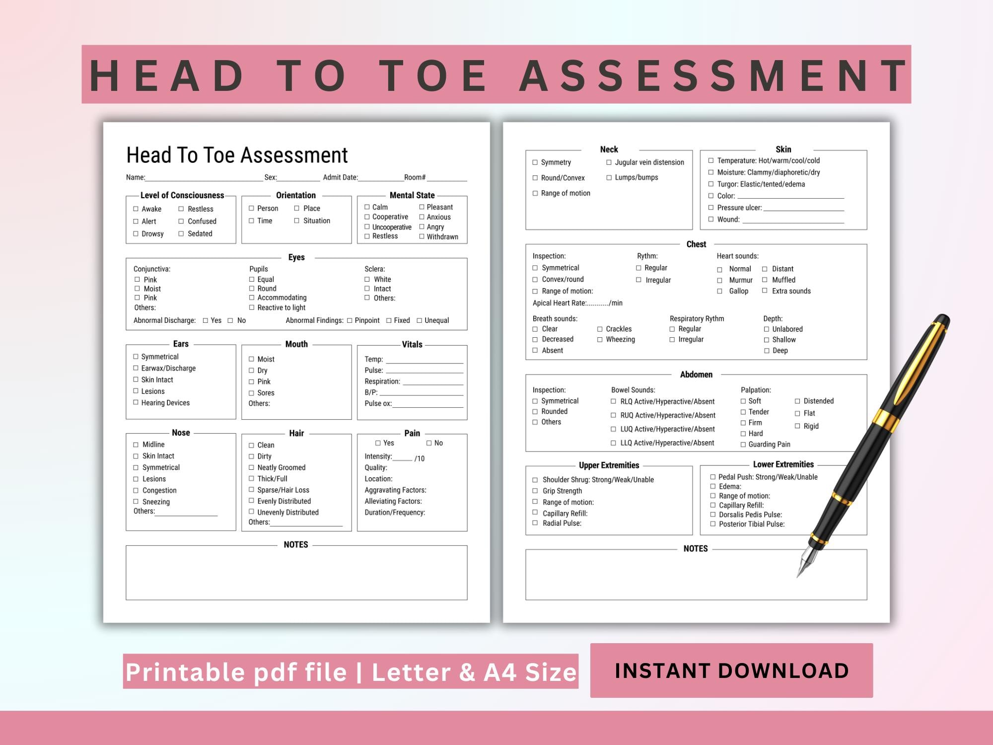 Head to Toe Assessment Template Nursing Checklist Nursing Student Notes