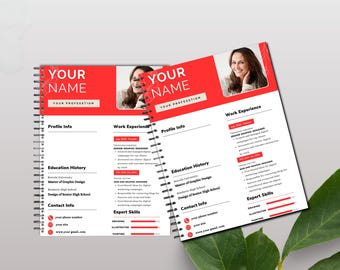 May include: A red and white resume template with a photo of a woman at the top. The resume includes sections for profile info, work experience, education history, contact info, and expert skills.