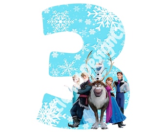 Puede incluir: Un número tres azul con un patrón de copo de nieve. Los personajes de la película Frozen están de pie frente al número. Los personajes incluyen a Elsa, Anna, Kristoff, Olaf y Sven.