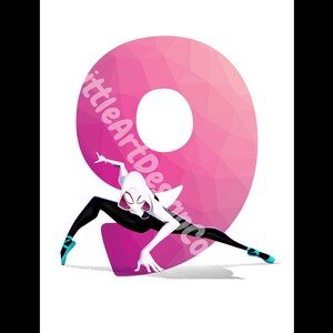 May include: A pink and white geometric number nine with a white spider-person character in a black suit and blue shoes posing in front of it.