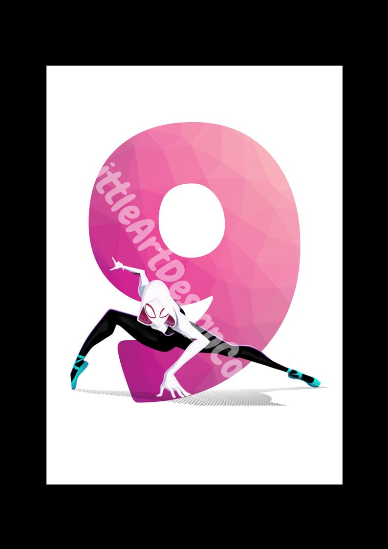 May include: A pink and white geometric number nine with a white spider-person character in a black suit and blue shoes posing in front of it.