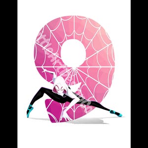 May include: A pink and white spiderweb design in the shape of the number nine with a white female superhero character in a black suit and a white mask standing in front of it.