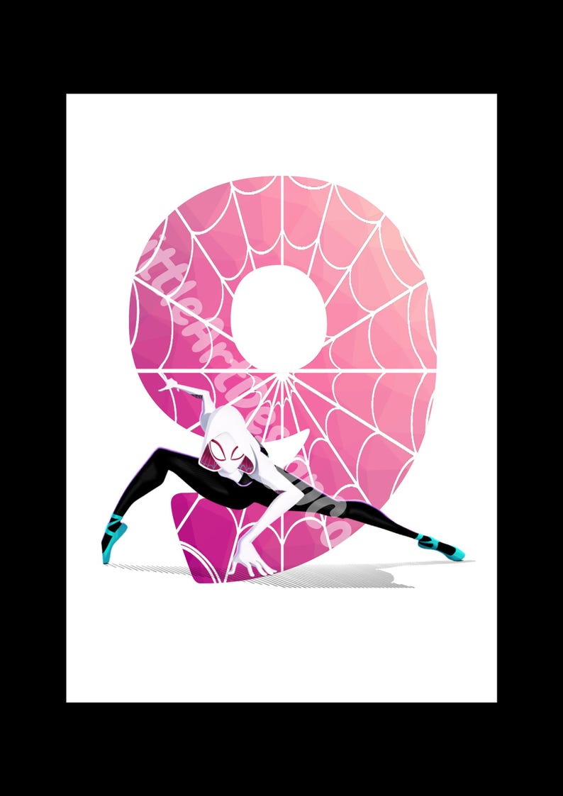 May include: A pink and white spiderweb design in the shape of the number nine with a white female superhero character in a black suit and a white mask standing in front of it.