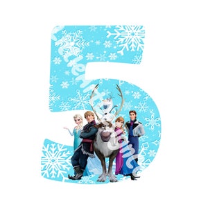 Könnte beinhalten: Eine blaue und weiße Zahl fünf mit einem Schneeflockenmuster. Die Figuren aus dem Film Frozen stehen vor der Zahl. Zu den Figuren gehören Elsa, Anna, Kristoff, Olaf und Sven.