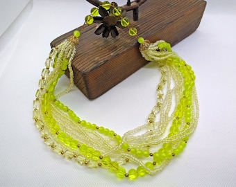 Vintage 60's Beaded Necklace, Lime Green, Acid Yellow with Gold Accents