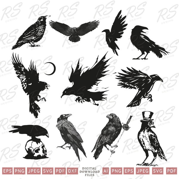 Skull Eating Crow Svg, Black Raven Svg Png Bundle, Crow's Wing Vector Clipart, Crow Cut File, Flying Crow svg, Dxf, Png