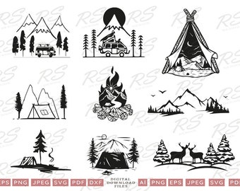 Fichiers SVG de camping forestier pour machines à découper, icônes vectorielles de montagne, feu de camp Nature Png, autocollant vectoriel pour caravanes, tente de camping Svg