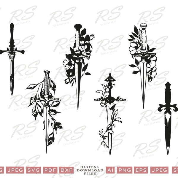 Floral Dagger Rose SVG Bundle, Black Dagger Silhouette Digital Download Files, Sword DXF EPS Bundle, Dagger For Cricut, Dagger Tattoo