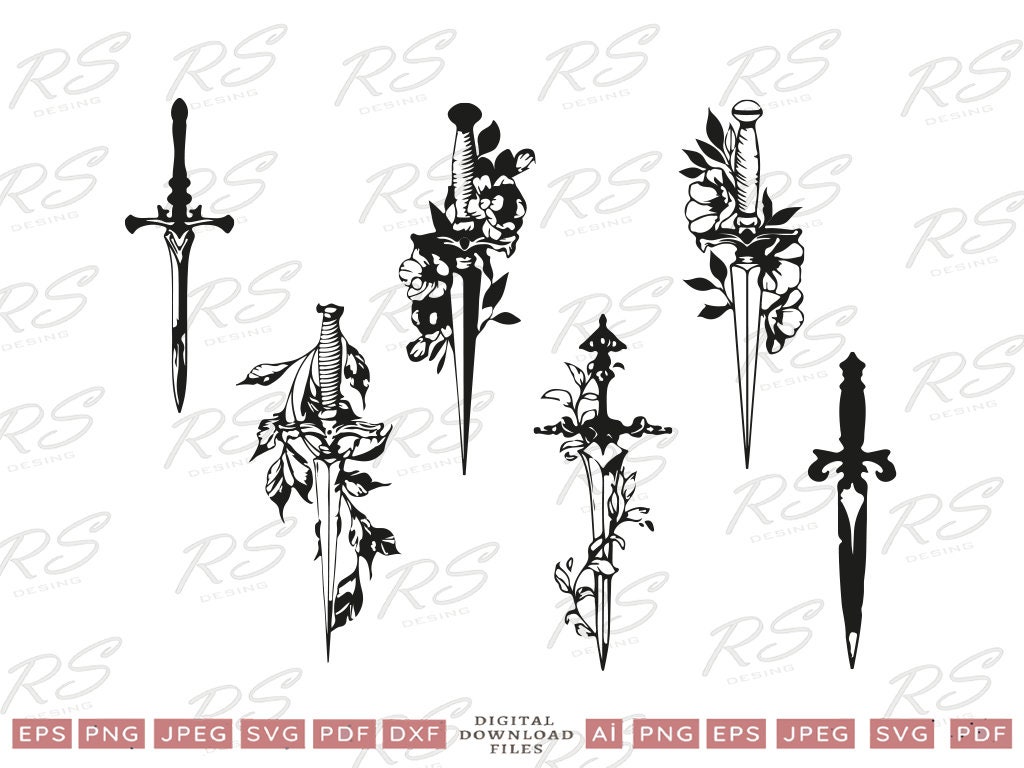 Floral Dagger Rose SVG Bundle, Black Dagger Silhouette Digital Download