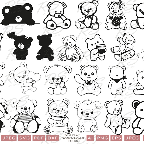 Fichiers Svg ours en peluche, clipart fille mignonne ours en peluche, Silhouette d'ours en peluche, fichiers vectoriels Nounours, ours en peluche Png Dxf Eps