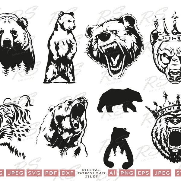 Bear Svg Png, Bear Clipart, Bear Silhouette Svg Files For Cricut, Polar Bear Svg, Angry King Bear Digital Files, Bear with Forest Figure Svg