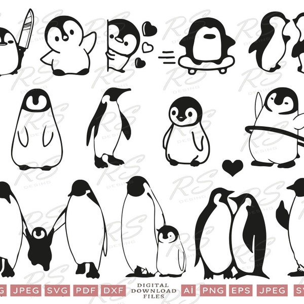 Cute Winter Themed Penguin Family Svg Files, Penguin Clipart, Penguin Playing Hula-Hoop, Penguin Cut File, Baby Penguin Silhouette