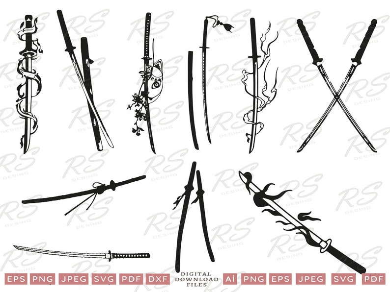 Bundle Katana épée Svg, Silhouette Katana, épée Katana pour cricut, Clipart Katana, fichiers coupés Katana, Katana Svg Png Dxf image 1