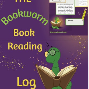 Puede incluir: Una portada de libro morada con un gusano verde que lleva gafas y lee un libro. El título es "The Bookworm Book Reading Log: Guided Edition".