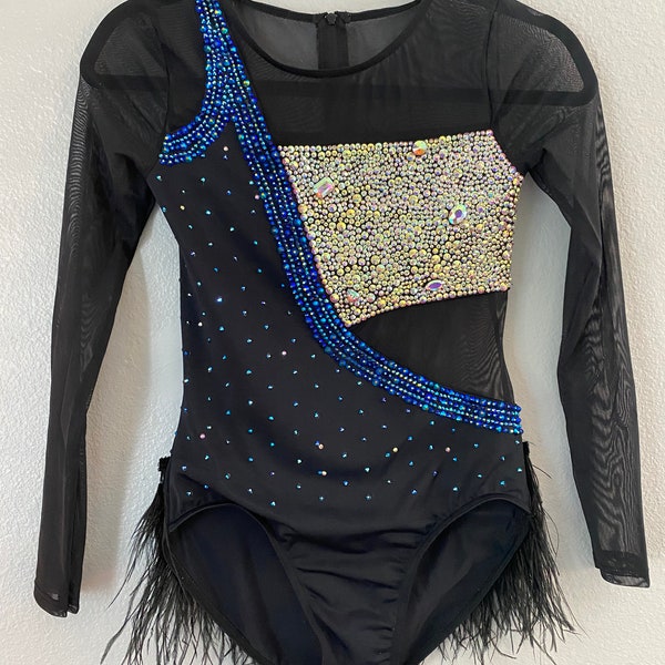 GLAMOUROUS Child Large Dance Costume, black with multiple sizes of AB Crystal and AB Jet Rhinestone.  Dance Competition Costume.