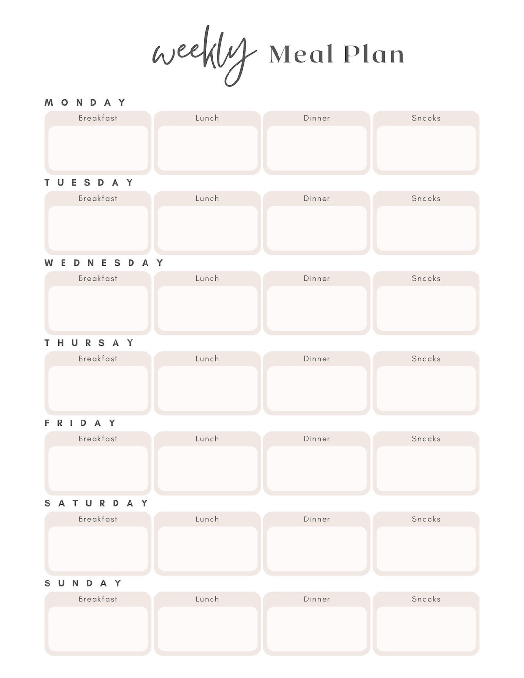 Printable Weekly Meal Plan for Breakfast, Lunch, Dinner and Snacks - Etsy
