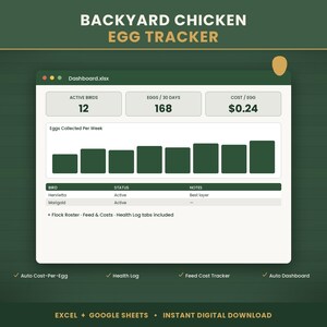 Può includere: Una dashboard digitale per il monitoraggio delle uova di gallina con un grafico a barre per la raccolta settimanale, riquadri di riepilogo per uccelli attivi, conteggio uova a 30 giorni e costo per uovo, oltre a una tabella di stato degli uccelli.