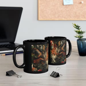 Fantasy Fox Black Mug, Forest Creature Ceramic Cup, 11oz 15oz Coffee Tea Drinkware, Unique Gift for Nature Lovers, Animal Spirit Pottery,
