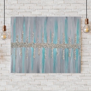 Beautiful 16 x 20 Glitter Glass and acrylic.  Teal, aqua and Silver metallic with lots of sparkle.  A gorgeous addition to any space.