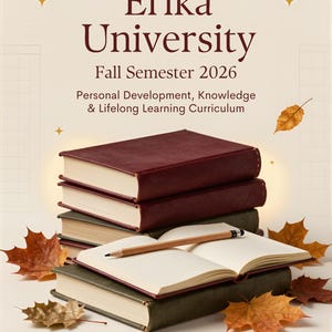 May include: A stack of three books with dark covers and an open notebook with a pencil on top, surrounded by fallen autumn leaves. The text reads Erika University Fall Semester 2026 Personal Development, Knowledge & Lifelong Learning Curriculum.