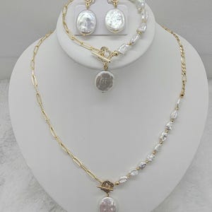 Natural cultured freshwater rectangular baroque pearl necklace with paperclip and figaro chain link, bracelet and earrings set, gift for her