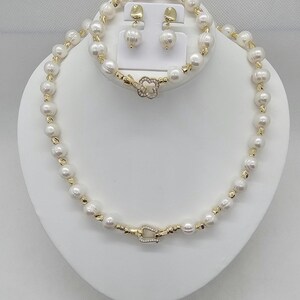 Natural cultured freshwater circle baroque pearl necklace, bracelet and earrings set, gift for her