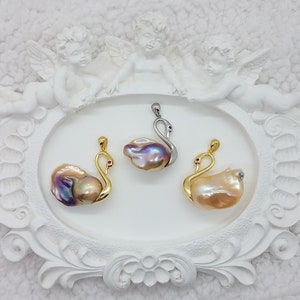 Natural cultured freshwater baroque pearl Swan Pendant in gold plated S925 sterling silver setting, NO Chain, gold, purple gold