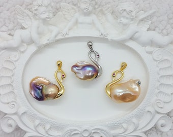 Natural cultured freshwater baroque pearl Swan Pendant in gold plated S925 sterling silver setting, NO Chain, gold, purple gold