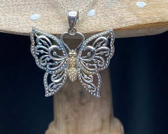 Sterling Silver 925 And 10k Yellow Gold Butterfly Transformation Necklace Pendant 18” 3.7g