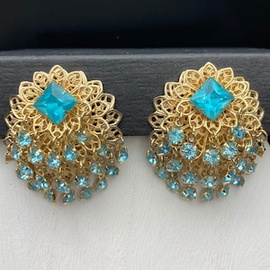 Filigree Aqua Rhinestone Drop Earrings Clip On Vintage Layered Trembler Cha Cha Dangle 1 1/2 Inches Long