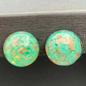 Venetian Murano Glass Clip On Earrings Marbleized Domed Green & Gold Flake VTG signed Italy
