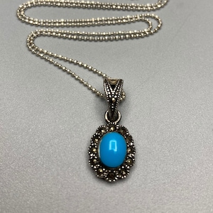 925 Sterling Silver Vintage Cabochon Faux Turquoise Marcasite Oval Pendant 18 In 3.5g