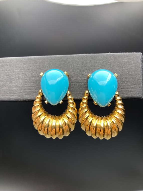 Panetta Rare VTG Door Knocker Faux Turquoise Gold Tone Clip on Earrings 1.5”x1”