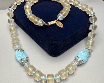 Miriam Haskell Signed Blue Swirl & Frosted Glass Beaded Necklace 24” Vintage HTF