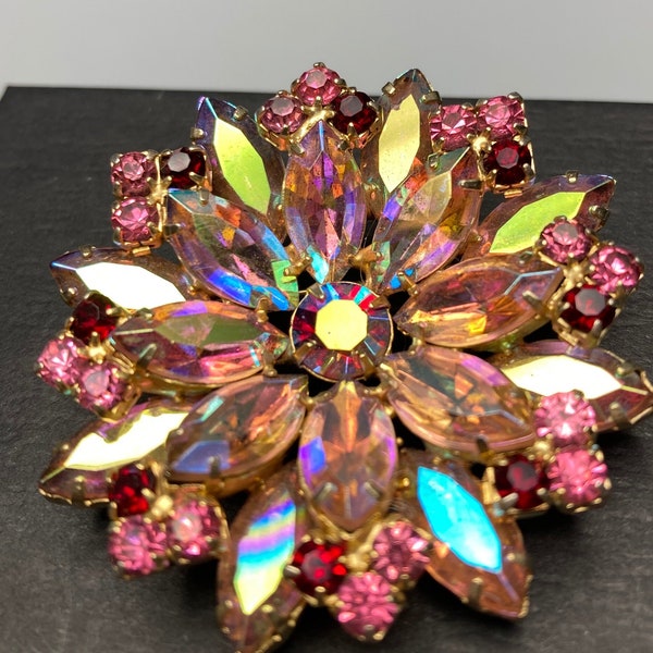 Brooch Pin Pink Aurora Borealis Rhinestone Flower Starburst Vintage 1960s 2 Inch