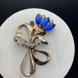 Brooch Pin Vintage Sterling Silver Gold Vermeil Blue, Clear Rhinestone Flower 3”