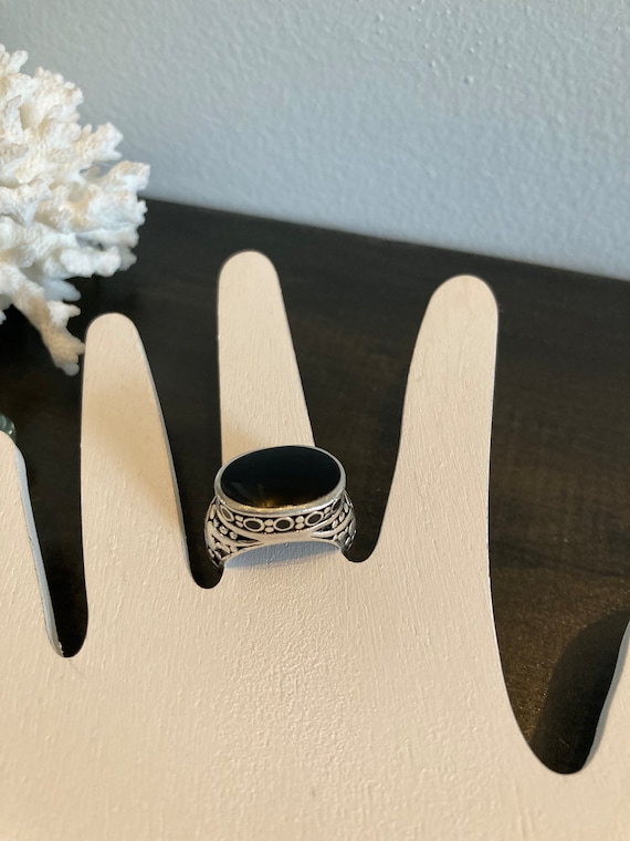 925 Black Onyx Statement Ring With Onyx Dot Scroll