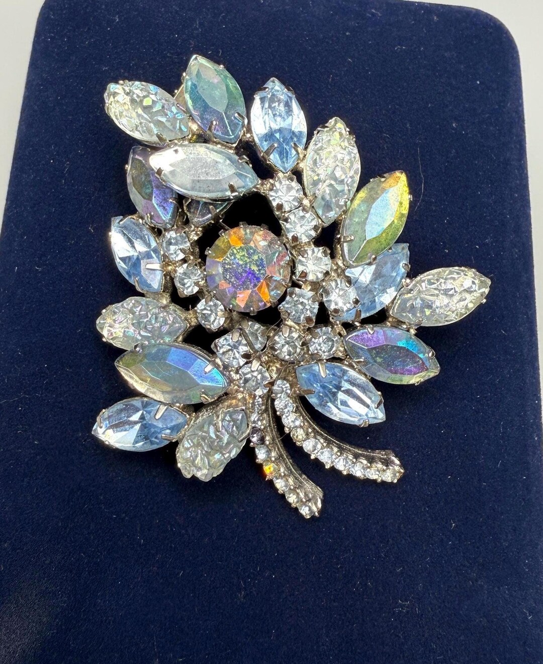Brooch Pin Vtg AB Lava Rhinestone Molded Blue Clear Layered Silver Tone ...