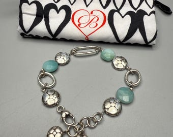 Brighton Pebbled Bead Aqua Stone Link Bracelet Silver Plated 7.5-8.25”