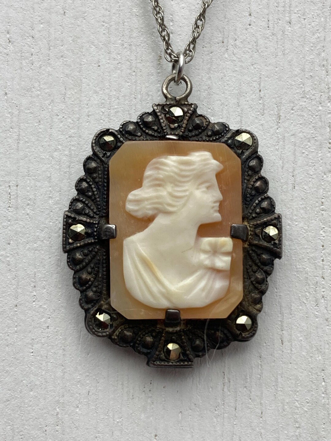 Antique Art Deco Cameo Carved Shell Sterling Silver Marcasite Necklace ...