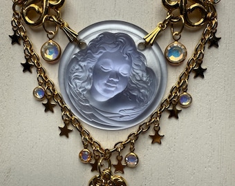 Kirks Folly Lavender Dream Angel Art Nouveau Style Cameo Necklace AB VTG 18-27” Adj