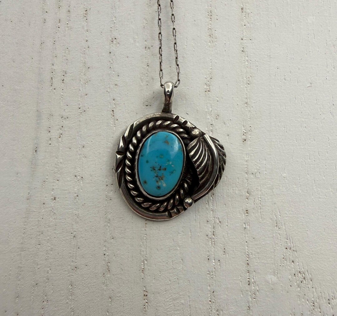 Navajo Necklace Sterling Silver Blue Turquoise Pendant Old Vintage ...