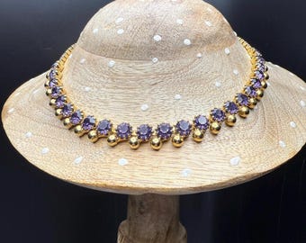 Collar minimalista vintage con cuentas de diamantes de imitación morados y dorados de 14,5" y 10 mm, años 50 y 60